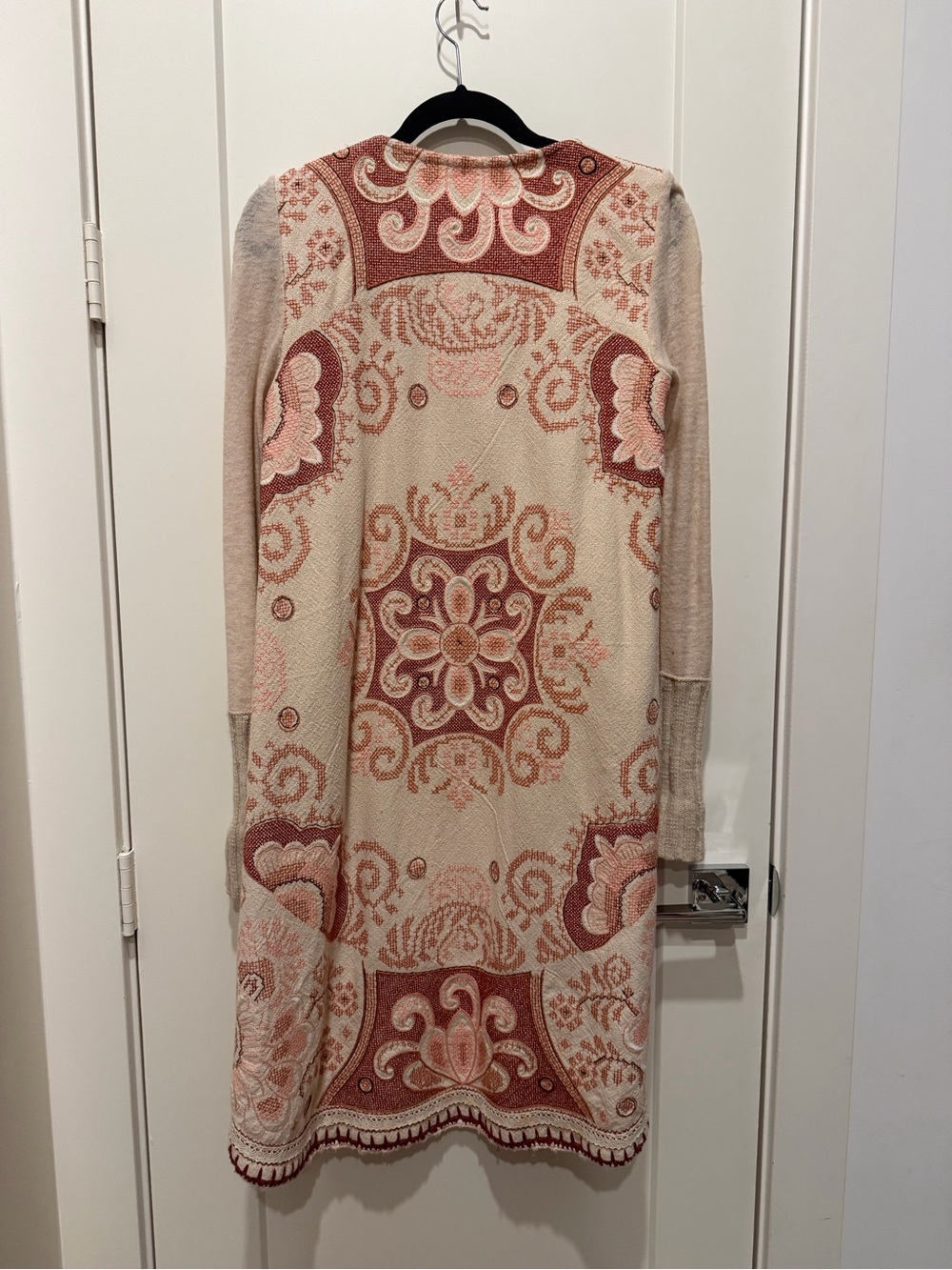 Free People Long Sleeve Floral Jacquard long cardigan in tan and earthy reds